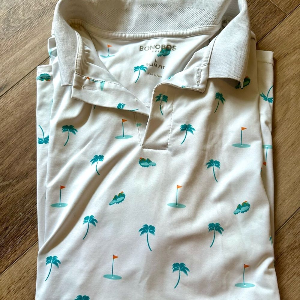 Bonobo white golf Polo with Teal and Orange Accents Mens L Slim Fit